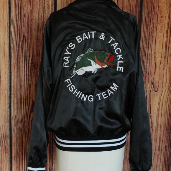 Vintage 1970s 1980s Men's Jacket, Black Satin Rennoe Vineland NJ Fishing Team - Picture 9 of 10